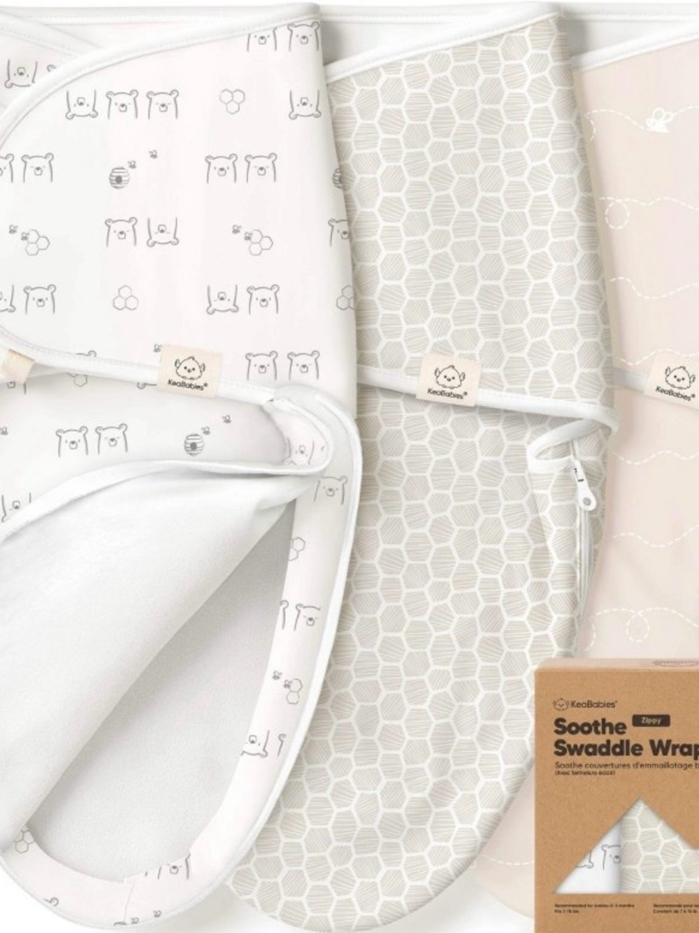 KeaBabies Bear & Honeycomb Soothe Swaddle Wraps (3) - 0-3 months